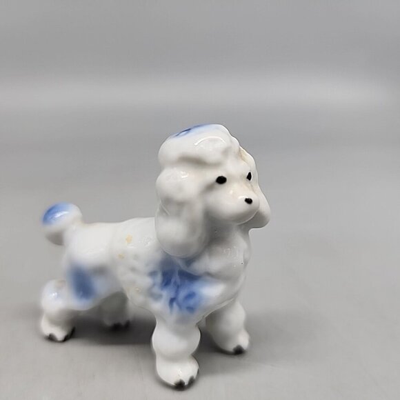 Vintage Miniature Poodle Figurine Dog Ceramic White Blue 2" - Picture 1 of 4